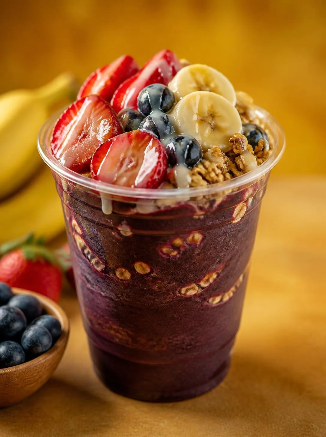 Copo de açaí com morangos, banana, mirtilos e granola