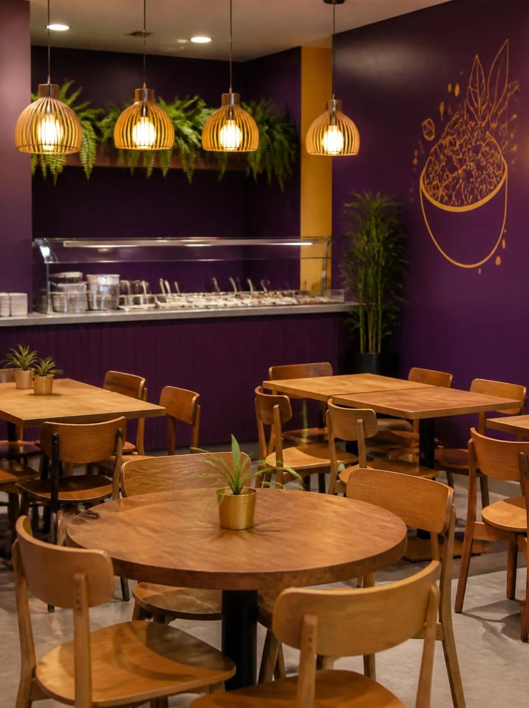 Ambiente interno de loja de açaí com mesas de madeira e parede roxa