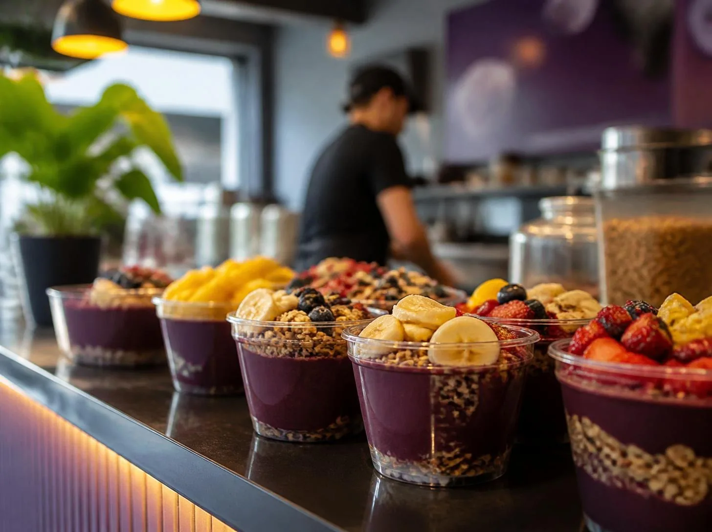 Copos de açaí com frutas no balcão de uma loja
