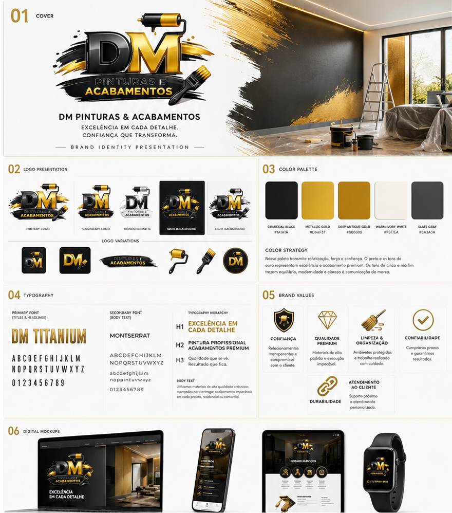 painel de identidade de marca da DM Pinturas e Acabamentos com logo, paleta e aplicações